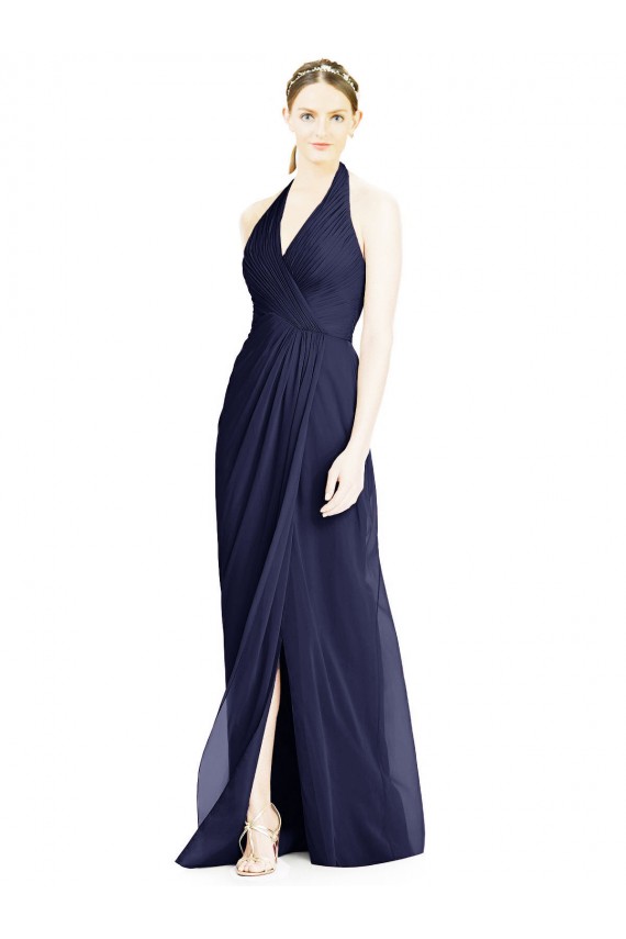 Soft Chiffon Open Back Long Halter Neck Dark Navy A-Line Formal Dress / Bridesmaid Dress Plymouth