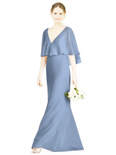 Soft Chiffon Long V-Neck Dusty Blue Trumpet Bridesmaid Dress Plymouth