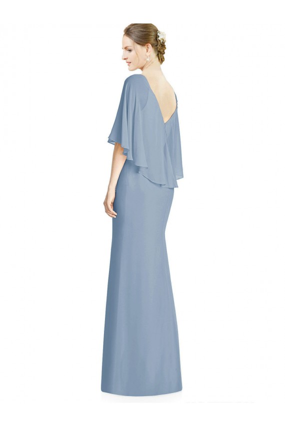 Soft Chiffon Long V-Neck Dusty Blue Trumpet Bridesmaid Dress Plymouth