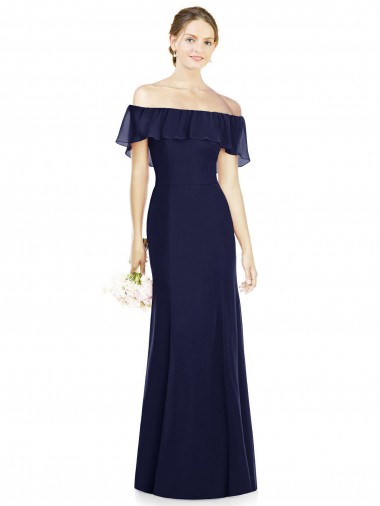 Soft Chiffon Long Off the Shoulder Dark Navy Trumpet Bridesmaid Dress Plymouth
