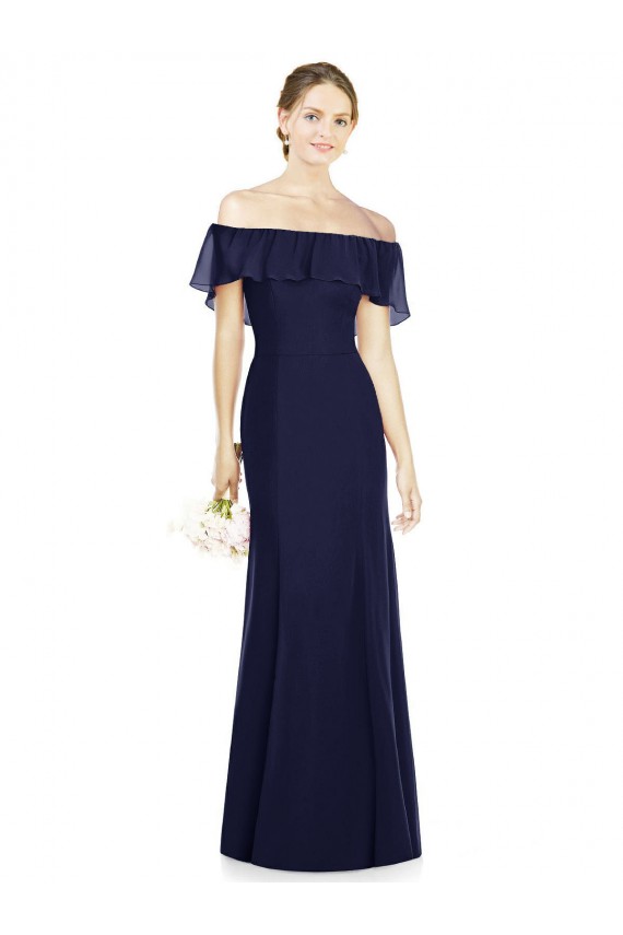 Soft Chiffon Long Off the Shoulder Dark Navy Trumpet Bridesmaid Dress Plymouth
