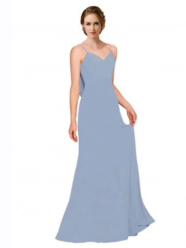 Chiffon Long Spaghetti Straps Dusty Blue A-Line Bridesmaid Dress / Evening Dress Plymouth