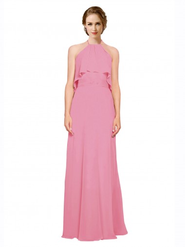 Soft Chiffon Low Back Long Halter Neck Skin Pink A-Line Bridesmaid Dress Plymouth