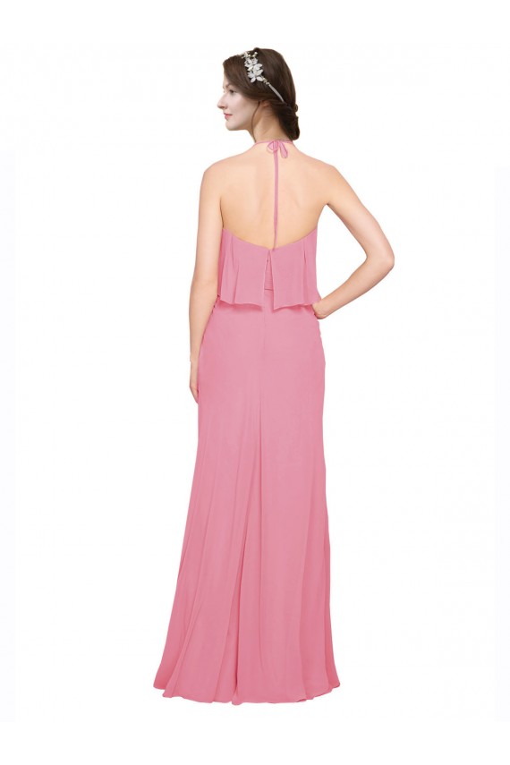Soft Chiffon Low Back Long Halter Neck Skin Pink A-Line Bridesmaid Dress Plymouth