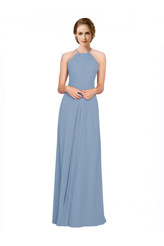 Chiffon Criss Cross Open Back Long Halter Neck Dusty Blue A-Line Bridesmaid Dress / Evening Dress Plymouth