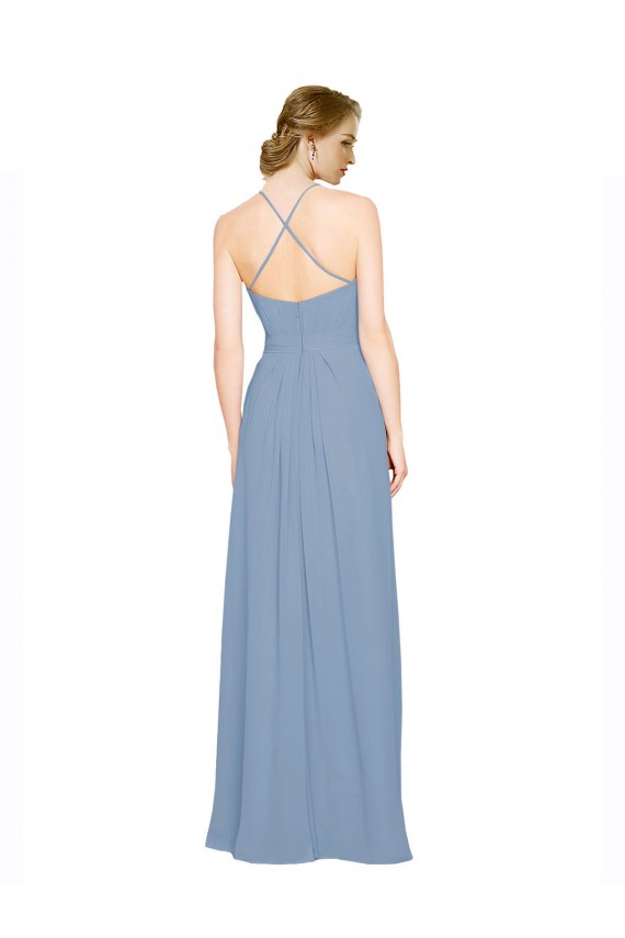 Chiffon Criss Cross Open Back Long Halter Neck Dusty Blue A-Line Bridesmaid Dress / Evening Dress Plymouth
