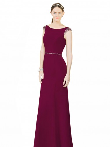 Soft Chiffon Low Back Long Boat Neck Burgundy A-Line Bridesmaid Dress Plymouth