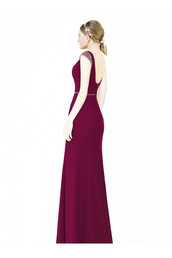 Soft Chiffon Low Back Long Boat Neck Burgundy A-Line Bridesmaid Dress Plymouth