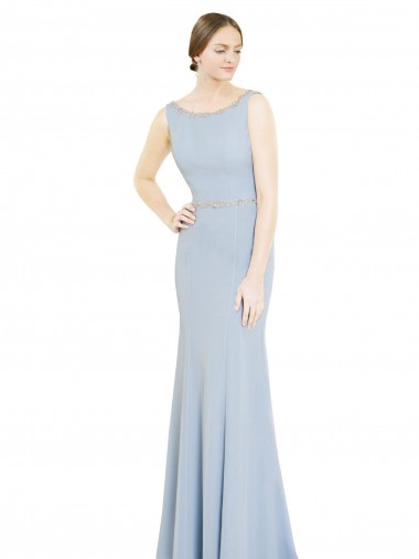 Soft Chiffon Low Back Long Boat Neck Light Sky Blue A-Line Bridesmaid Dress Plymouth