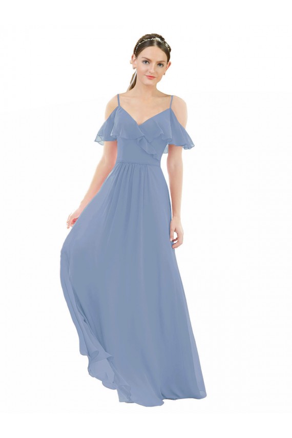 Lxue Chiffon Long V-Neck Dusty Blue A-Line Bridesmaid Dress Plymouth