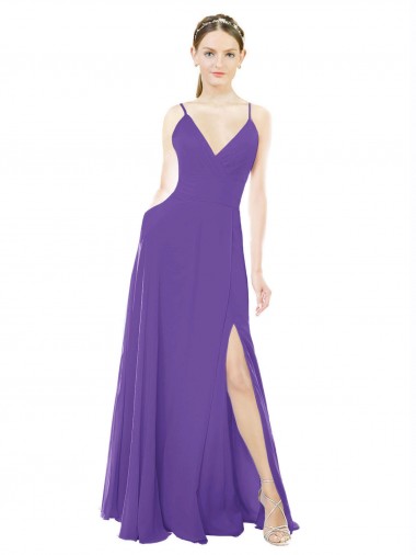 Soft Chiffon Long Spaghetti Straps Purple A-Line Bridesmaid Dress Plymouth