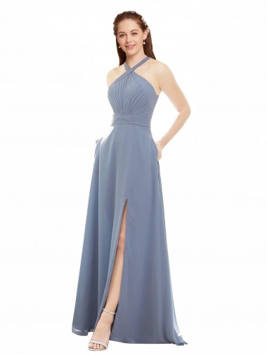 Soft Chiffon Long Halter Neck A-Line Evening Dress / Bridal Party Dress Plymouth