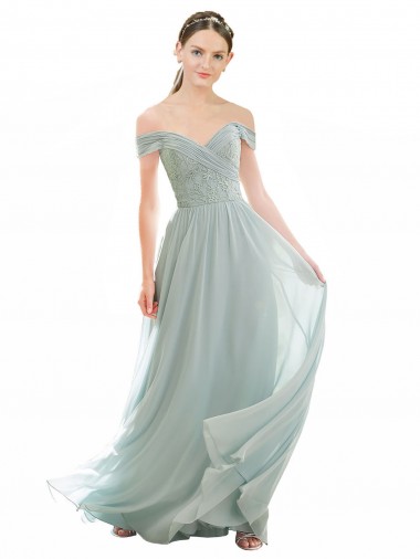 Soft Chiffon & Lace Long Off the Shoulder Sea Glass A-Line Bridesmaid Dress Plymouth