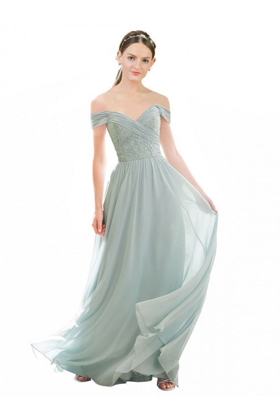 Soft Chiffon & Lace Long Off the Shoulder Sea Glass A-Line Bridesmaid Dress Plymouth