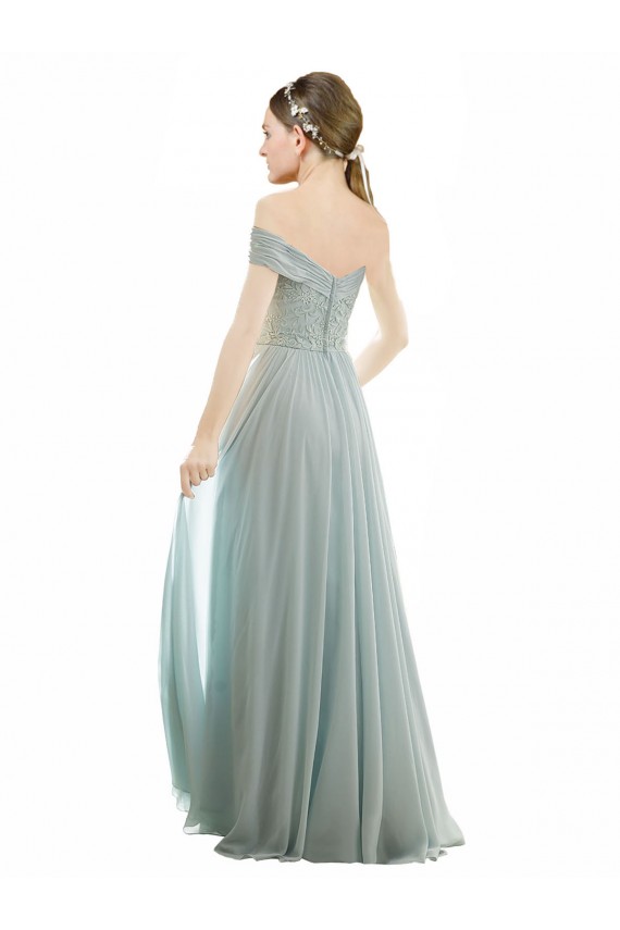 Soft Chiffon & Lace Long Off the Shoulder Sea Glass A-Line Bridesmaid Dress Plymouth