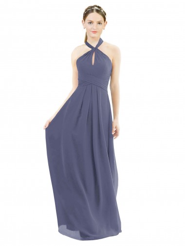 Soft Chiffon Low Back Long Halter Neck Silver Stone A-Line Bridesmaid Dress Plymouth