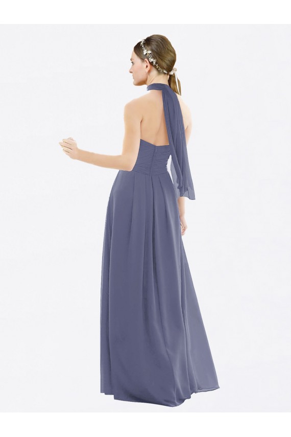 Soft Chiffon Low Back Long Halter Neck Silver Stone A-Line Bridesmaid Dress Plymouth