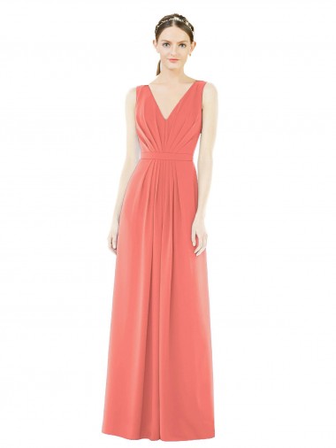 Soft Chiffon V-Back Long V-Neck Coral A-Line Bridesmaid Dress Plymouth