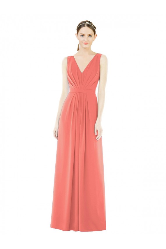 Soft Chiffon V-Back Long V-Neck Coral A-Line Bridesmaid Dress Plymouth