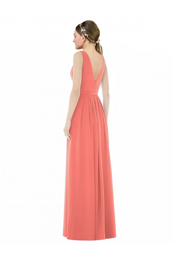 Soft Chiffon V-Back Long V-Neck Coral A-Line Bridesmaid Dress Plymouth