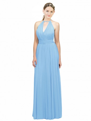 Soft Chiffon Open Back Long Halter Neck Periwinkle A-Line Bridesmaid Dress Plymouth