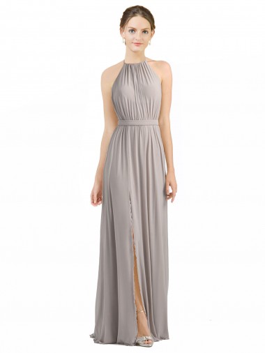 Soft Chiffon Open Back Long Halter Neck Oyster Silver A-Line Bridesmaid Dress Plymouth
