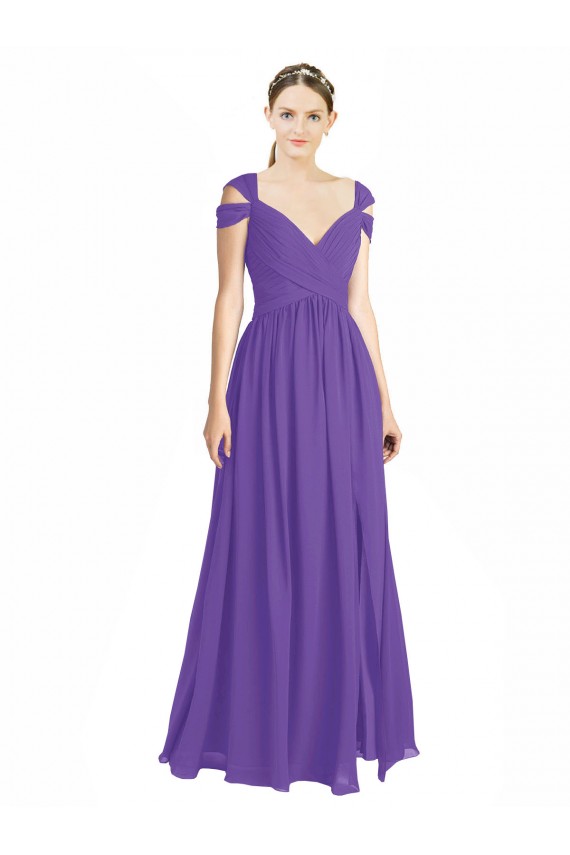 Soft Chiffon Open Back Long Off the Shoulder Purple A-Line Bridesmaid Dress Plymouth