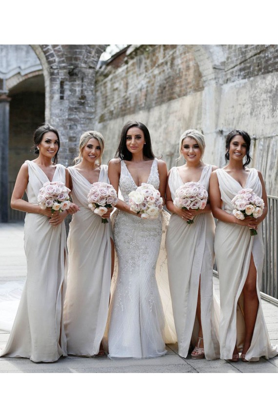Soft Chiffon Low Back Long V-Neck A-Line Bridesmaid Dress Plymouth