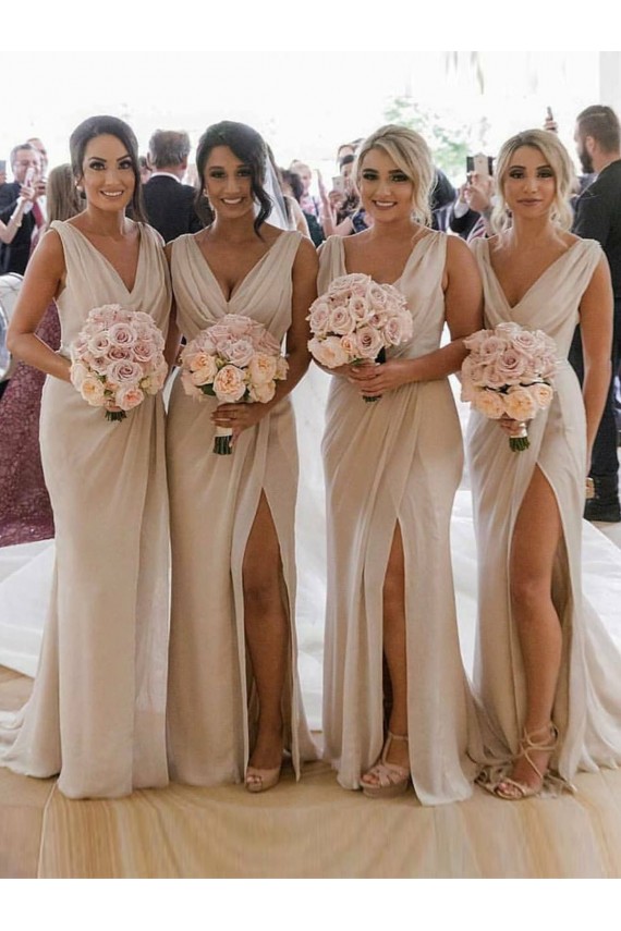 Soft Chiffon Low Back Long V-Neck A-Line Bridesmaid Dress Plymouth