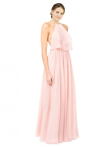 Soft Chiffon Open Back Long Halter Neck Pink A-Line Formal Dress / Bridesmaid Dress Plymouth