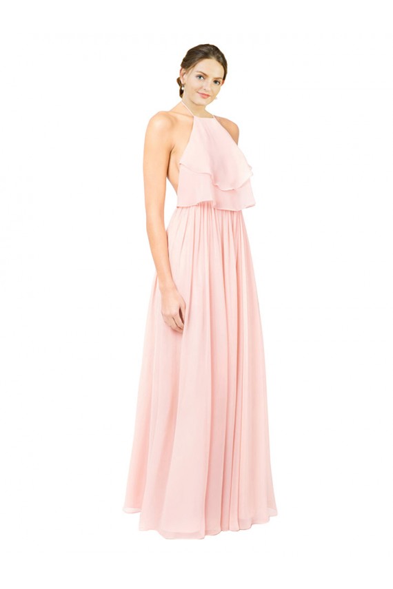 Soft Chiffon Open Back Long Halter Neck Pink A-Line Formal Dress / Bridesmaid Dress Plymouth