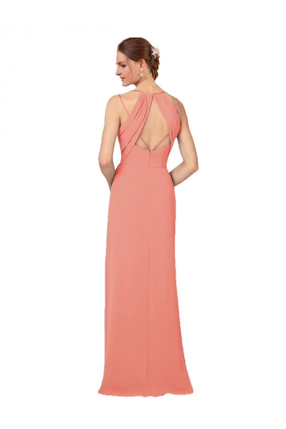 Soft Chiffon Keyhole Back Long V-Neck Desert Rose Sheath Bridesmaid Dress Plymouth