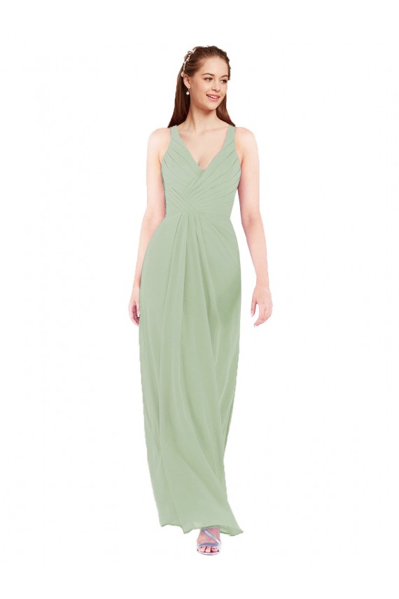 Soft Chiffon Keyhole Back Long V-Neck Smoke Green Sheath Bridesmaid Dress Plymouth