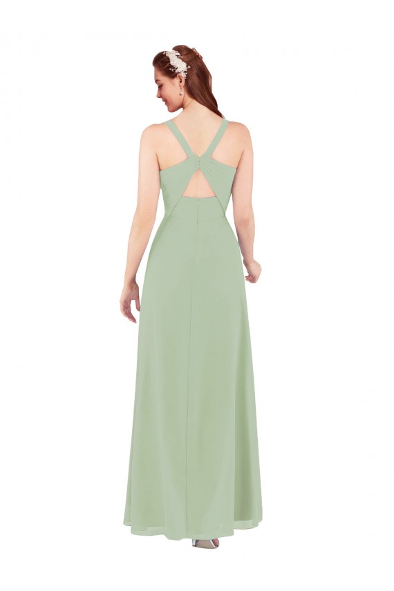 Soft Chiffon Keyhole Back Long V-Neck Smoke Green Sheath Bridesmaid Dress Plymouth