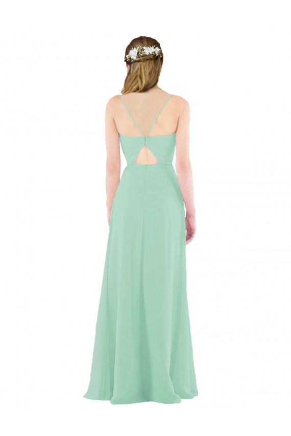 Soft Chiffon Keyhole Back Long V-Neck Mint Green Sheath Bridesmaid Dress Plymouth