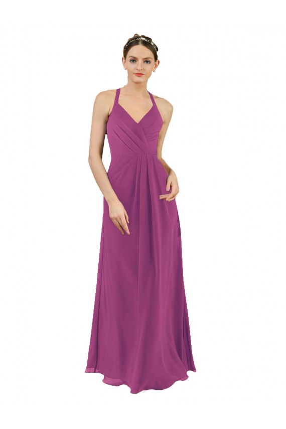 Soft Chiffon Keyhole Back Long V-Neck Wild Berry Sheath Bridesmaid Dress Plymouth