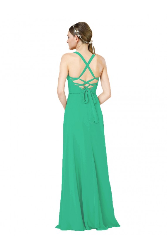 Soft Chiffon Criss Cross Back Long V-Neck Sheath Bridesmaid Dress Plymouth