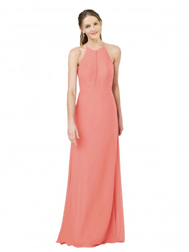Soft Chiffon Keyhole Back Long Halter Neck Desert Rose Sheath Bridesmaid Dress Plymouth