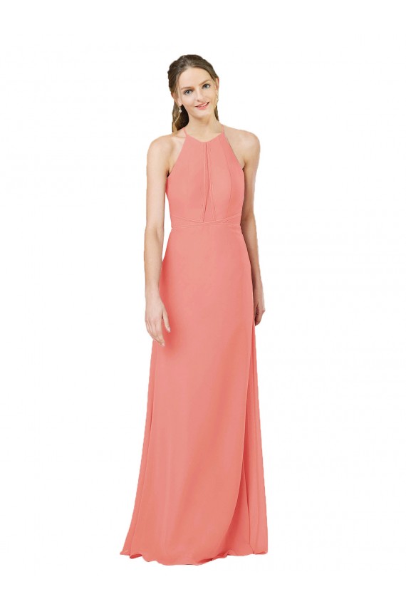 Soft Chiffon Keyhole Back Long Halter Neck Desert Rose Sheath Bridesmaid Dress Plymouth