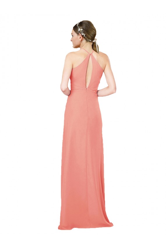 Soft Chiffon Keyhole Back Long Halter Neck Desert Rose Sheath Bridesmaid Dress Plymouth