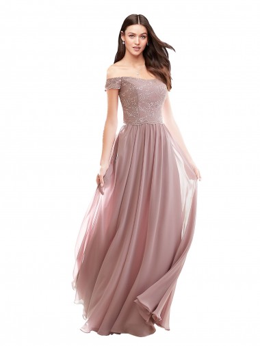 Soft Chiffon & Lace Long Off the Shoulder Pink A-Line Bridesmaid Dress Plymouth
