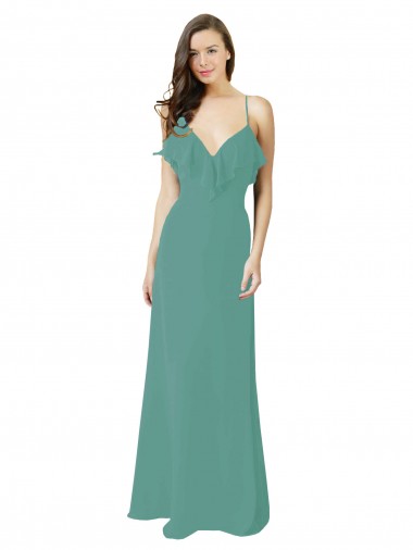 Soft Chiffon Long Spaghetti Straps Icelandic Silver A-Line Bridesmaid Gown Plymouth