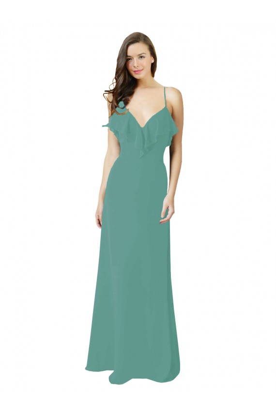 Soft Chiffon Long Spaghetti Straps Icelandic Silver A-Line Bridesmaid Gown Plymouth