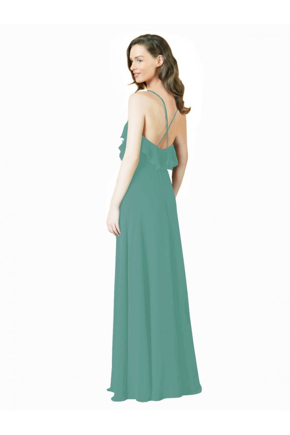 Soft Chiffon Long Spaghetti Straps Icelandic Silver A-Line Bridesmaid Gown Plymouth
