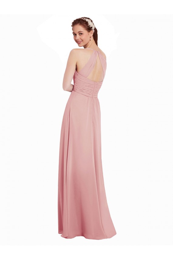 Soft Chiffon Keyhole Back Long Halter Neck Bliss Pink A-Line Bridesmaid Dress Plymouth