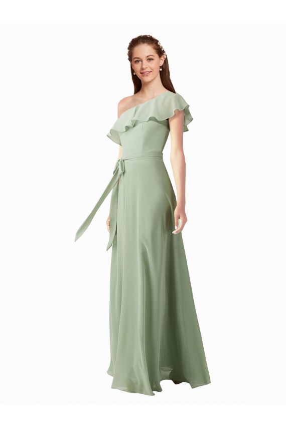 Soft Chiffon Long One Shoulder Smoke Green A-Line Bridesmaid Dress Plymouth