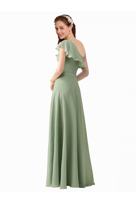 Soft Chiffon Long One Shoulder Smoke Green A-Line Bridesmaid Dress Plymouth