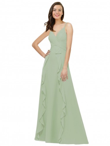 Soft Chiffon Long Spaghetti Straps Smoke Green A-Line Bridesmaid Dress Plymouth