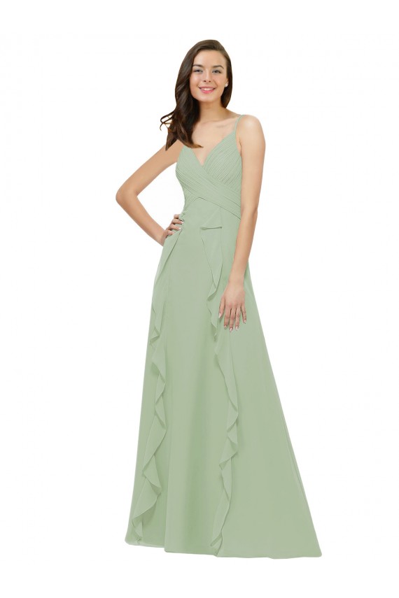 Soft Chiffon Long Spaghetti Straps Smoke Green A-Line Bridesmaid Dress Plymouth