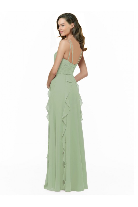 Soft Chiffon Long Spaghetti Straps Smoke Green A-Line Bridesmaid Dress Plymouth